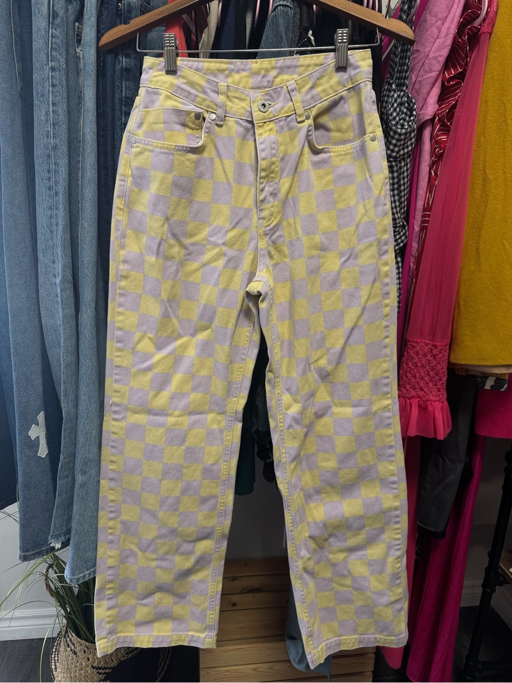High-Rise Flare Jeans in Yellow & Lilac Checkerboard